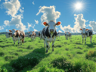 In the background, under a serene and peaceful sunlight, the sun shines brightly above, trees are lined up along the horizon, and a herd of cows are grazing leisurely