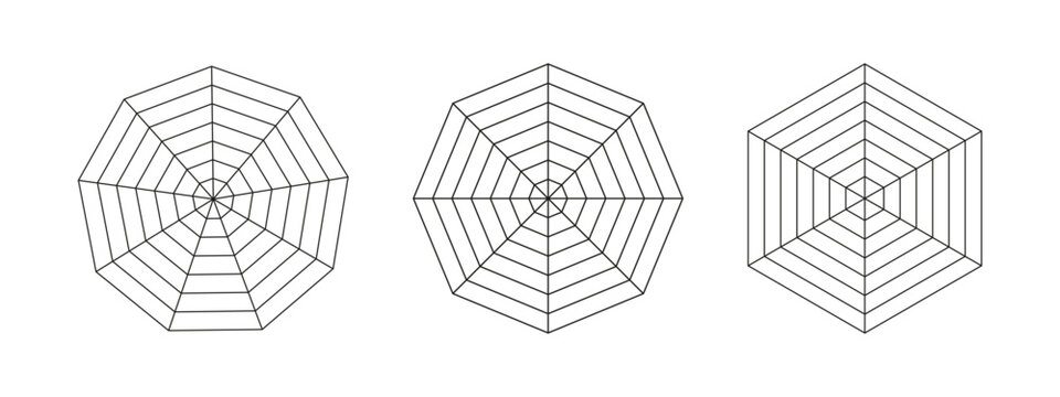 Octagon, hexagon, enneagon radar, diagram template. Spider mesh. Polygon graphs. Diagram for statistic, analytic. Blank radar charts. Minimalist coaching tool. Grid with segments. Graphic illustration