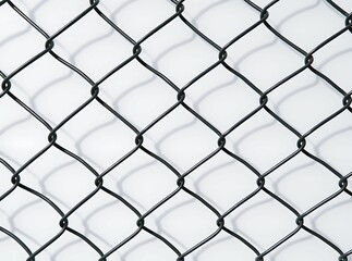 Fototapeta premium Sturdy chain link fence with interwoven metal wires, isolated on a clean white background, emphasizing its geometric pattern 