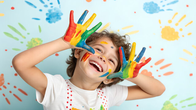 A happy young boy with colorful paint smeared on his hands and face, smiling brightly. He playfully shows his paint-covered hands toward the camera, his cheeks splashed with vibrant colors. The backgr