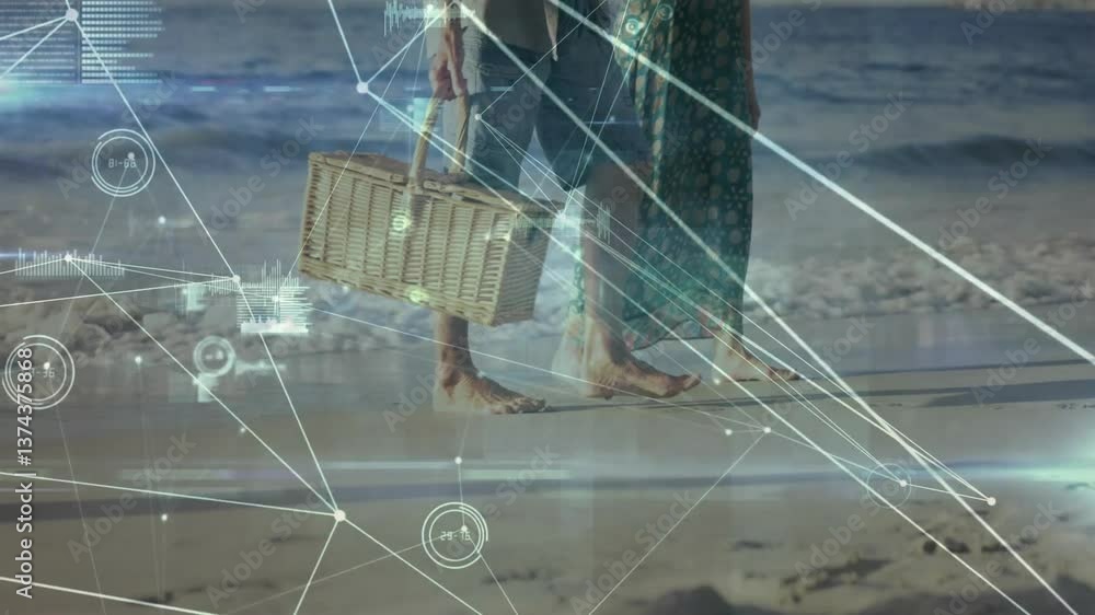 Poster couple walking on beach with digital data processing animation overlay