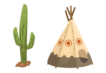 Vector Illustration of a Desert Cactus and Traditional Native American Teepee Tent – Wild West and Tribal Elements