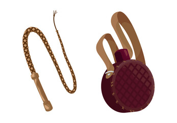 Illustration featuring a coiled brown leather whip and a round maroon canteen with leather straps