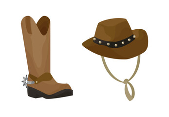 Vector Illustration of Classic Western Cowboy Accessories Including a Leather Boot with Spur and a Cowboy Hat with Chin Strap