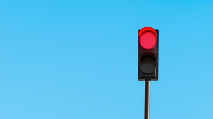Traffic light on a pole against a clear blue sky. the traffic light is rectangular in shape and has a black base with a red light in the center.