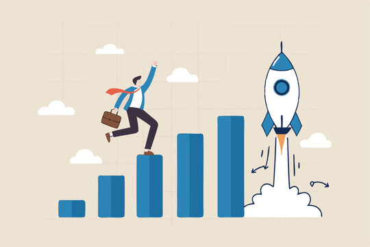 Boost rocket to business growing fast, investment growth, start or launch new business, innovation to boost success, rising up and improvement concept, businessman on growth chart launching rocket.