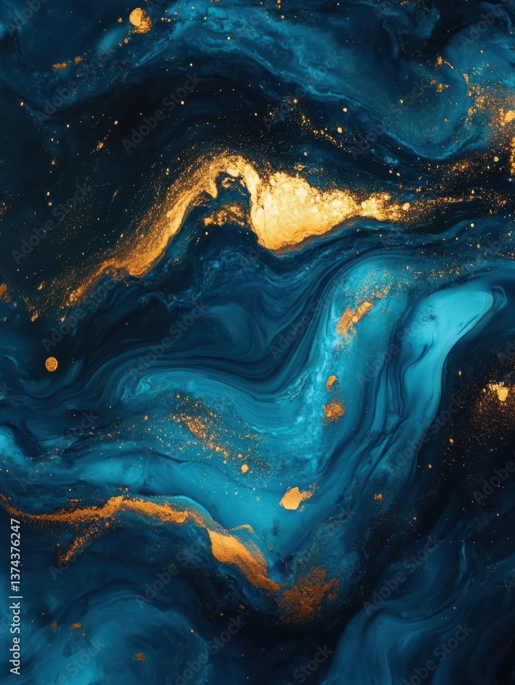 Poster abstract fluid art in teal and gold creating a mesmerizing marble effect with a luxurious and modern