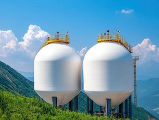 Fototapeta premium Methane tanks with safety inspection underway, methane production, industrial safety protocols