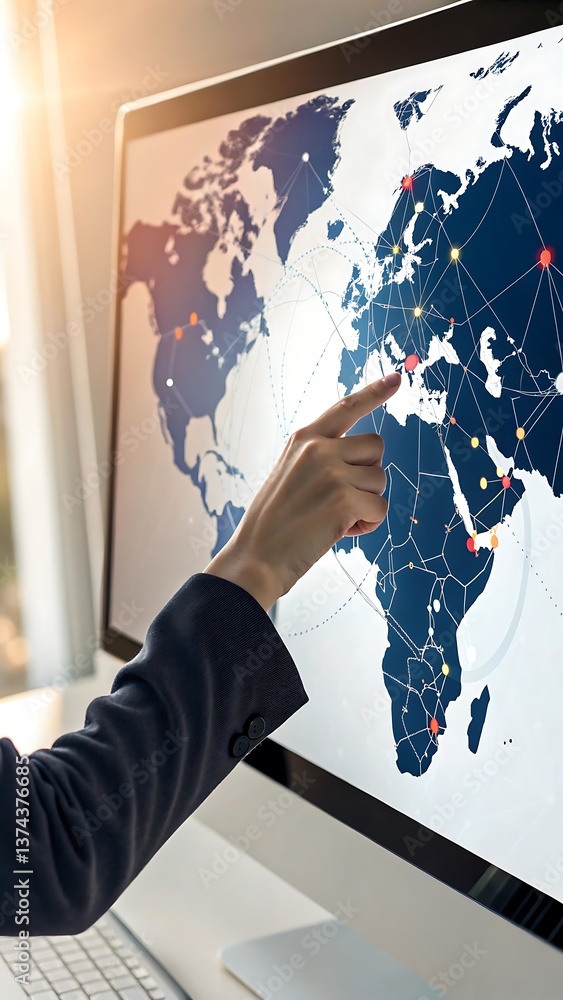 Poster analyzing global connections: finger pointing at world map visualization on monitor for business str