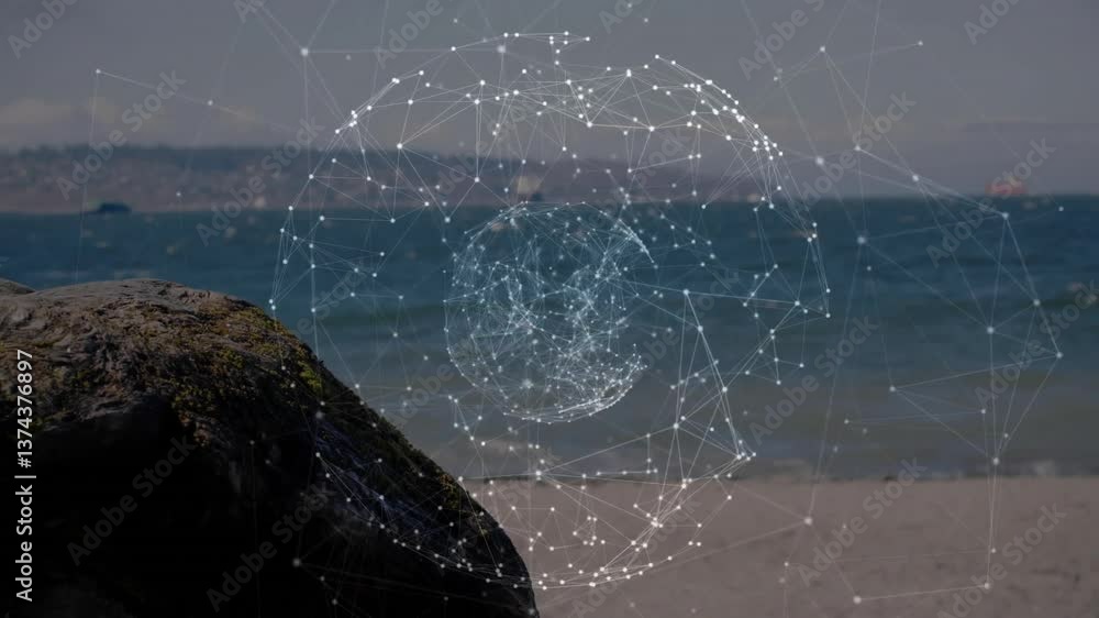 Poster animation of network connections forming globe shape over beach and ocean backdrop