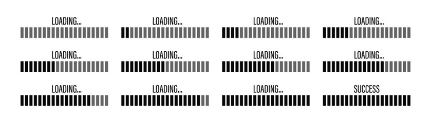 Collection of vector icons of loading bar processing from zero to success on white background. Vector illustration