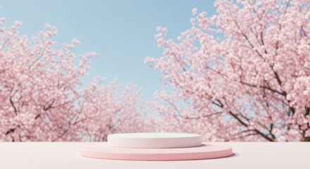 Fototapeta premium Elegant product showcase with pastel podium and dreamy sakura blossom background