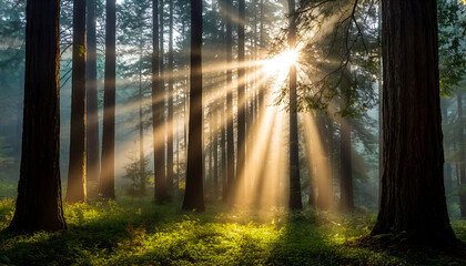 Obraz premium Sunlight Shining through Trees in a Peaceful Forest