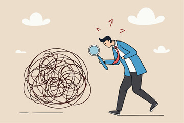 Analyze problem finding solution or opportunity, look for details to solve problem, discovery or search, root cause analysis or troubleshooting concept, businessman analyze mess with magnifying glass.