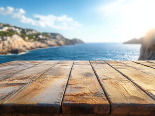 Wooden tabletop with a blurred background of sea and sky. A summer vacation concept. An exuberant scene, a bright sunny day, a blue sky, and a beach on the horizon. 