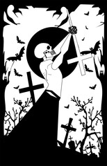 Skeleton Holding Cross. A skeletal figure stands in a graveyard, holding a large cross aloft. The figure is depicted in a stark black and white style, with a dramatic pose and a sense of urgency.