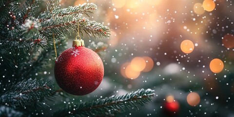 Obraz premium A glistening red ornament hangs on a snow-dusted Christmas tree, creating a magical winter scene.