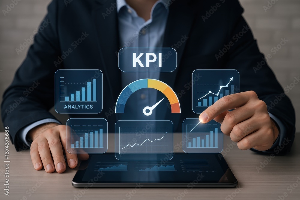 Poster unveiling key performance indicators: a modern business professional, interacting with a virtual dis