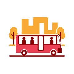City bus with passengers on urban street in flat colorful style, AI Generation