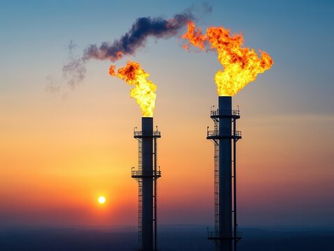Methane flares burning at processing plant, methane production, controlled gas release