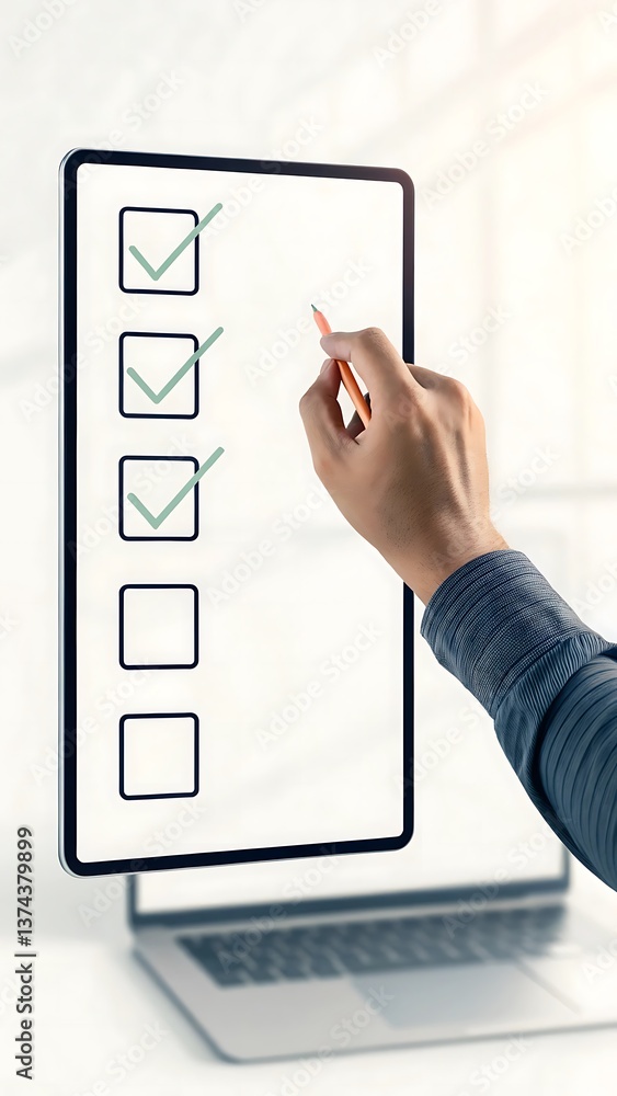 Poster completing tasks: hand with pen marking checklist on digital tablet for project planning and task ma