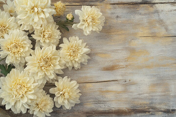 Obraz premium Cream-colored chrysanthemum blossoms arranged on rustic wood background, showcasing elegant simplicity and natural beauty, ideal for greeting cards or website header