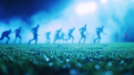 Dynamic soccer game at night in misty stadium