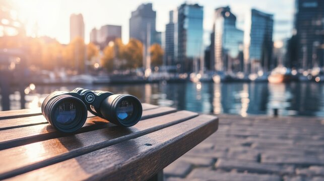 Bustling urban harbor a pair of binoculars resting on a bench - Powered by Adobe