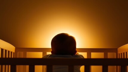 Child lying in a crib looking at a ceiling lit by a nightlight, peaceful and quiet setting,