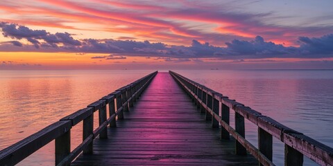 Obraz premium A wooden pier extends towards a gorgeous colorful sunset over water