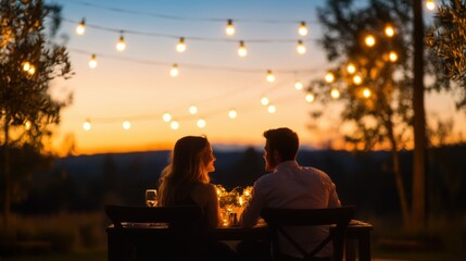 Couple dining under the stars with fairy lights in a serene outdoor setting, elegant and loving,