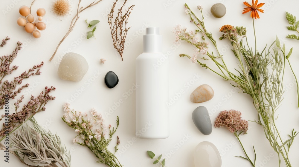 Poster minimalist display of natural elements surrounding a white bottle on a soft background in a calming 