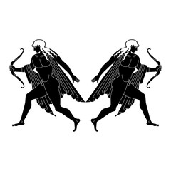 Symmetrical ethnic design with two antique men holding bows. Ancient Greek god Apollo. Vase painting style. Black and white silhouette. 