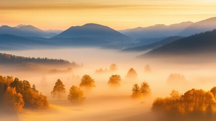 Obraz premium Foggy mountain valley with scattered trees and golden autumn hues, peaceful natural atmosphere,