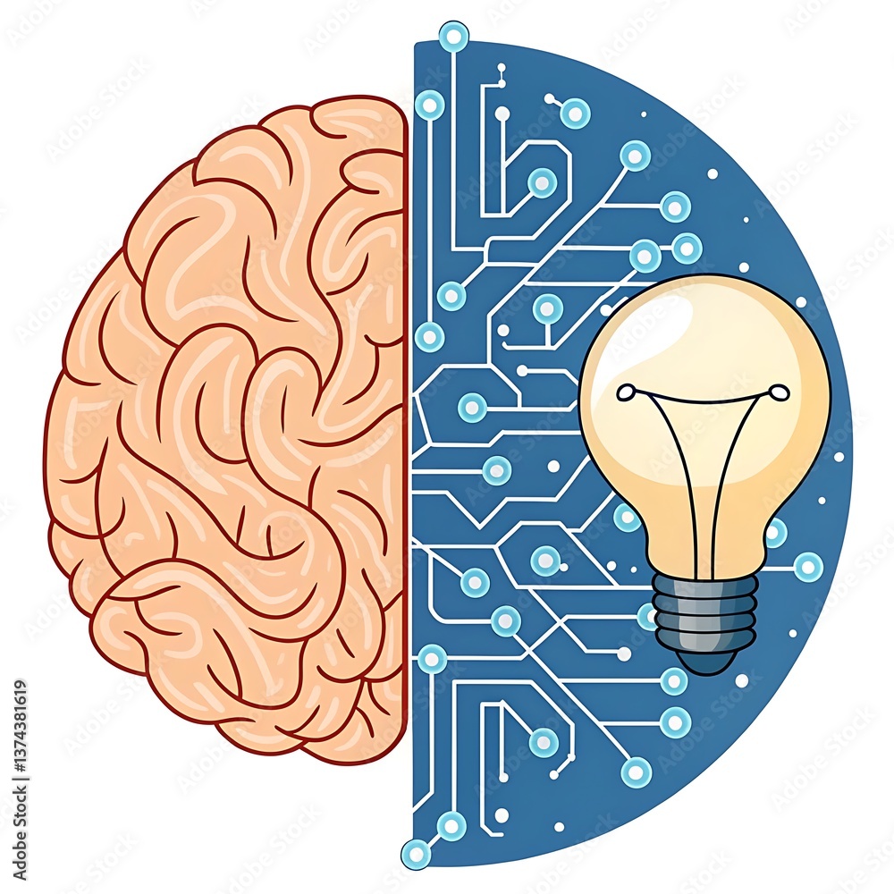 Poster creative visualization of artificial intelligence: a brain connected to a circuit board and lightbul