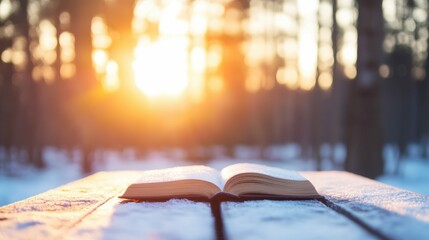 Frosted forest sunrise a single book left on a table