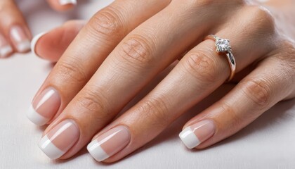 Close-up of a hand adorned with a sparkling engagement ring and well-manicured French nails. Ideal for wedding promotions, jewelry ads, and beauty products.