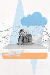 Composite 3D photo collage design trend sketch of aged woman sit hand hold table head tired bad...