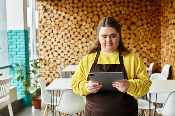 Young woman demonstrating confidence while using a tablet in a bustling cafe environment