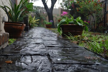 Obraz premium A serene garden pathway lined with potted plants, showcasing a wet stone surface after rain, creating a tranquil outdoor atmosphere.
