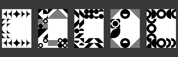 Cards, Covers Design. Minimal geometric shapes compositions. Applicable for brochures, posters, covers and banners. Bauhaus Minimalist Graphic Design. Brutalist abstract geometric shapes. 