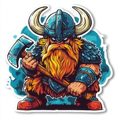Viking Warrior: A powerful viking warrior, adorned in traditional attire, stands ready with a battle axe against a backdrop of dynamic colors, embodying strength, courage.