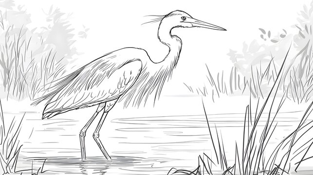 Heron wading in wetland. Grassy banks and trees. For coloring book, nature guide, animal illustration