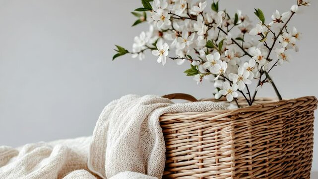 A fresh spring nic setup: a wicker basket, a light blanket, and blooming flowers. digital