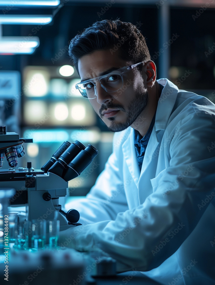 Poster scientist focuses on research in high-tech laboratory equipped with advanced tools and modern techno