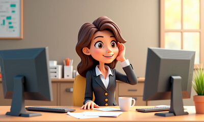 3d cute cartoonish business woman confident and cheerful, sits at her desk in front of a monitor
