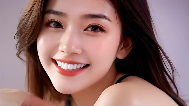 Beauty portrait of beautiful smiling young woman. Beautiful natural face, beauty image. Close up. Vertical. 美しい微笑む若い女性のビューティーポートレート。美しい素顔、美容イメージ。クローズアップ。縦型。