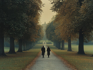 The autumn scene in a beautifully decorated garden: A shady path leading to a magnificent mansion is lined with trees on both sides, and people are strolling along this path.