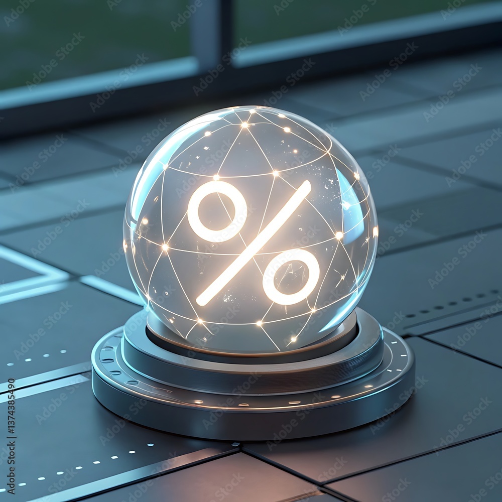Poster futuristic orb displaying percentage symbol with glowing network connections, modern finance concept