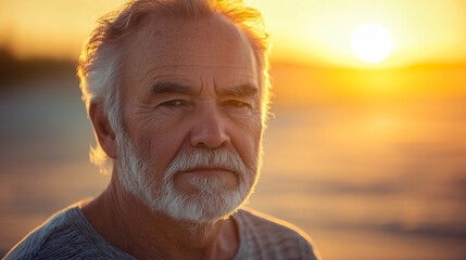 Senior man reflecting at sunset with a thoughtful expression by the beach